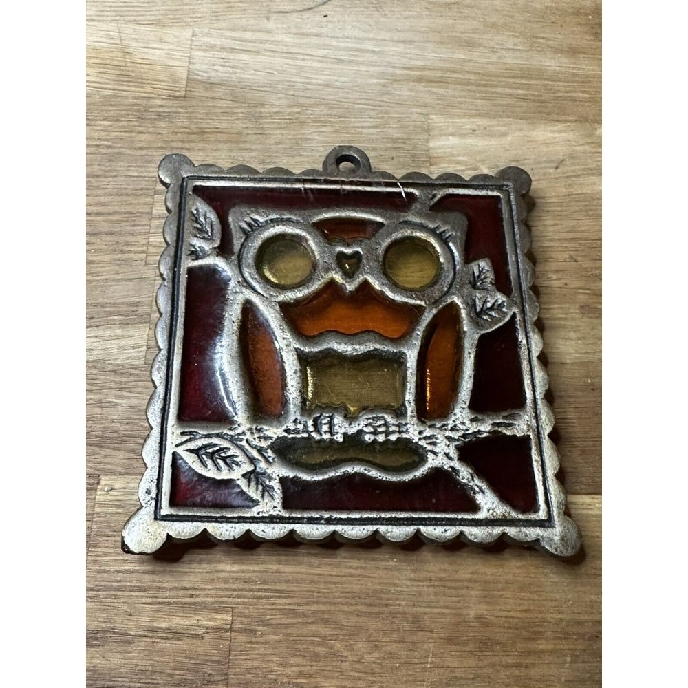 Counterpoint Owl Trivet Pot Holder Orange  Red Resin Stained Glass Wall Plaque